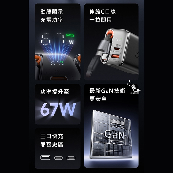 Mcdodo麥多多LQ CH411 FreeGo系列Type-C伸縮線GaN氮化鎵1A1C充電器67W