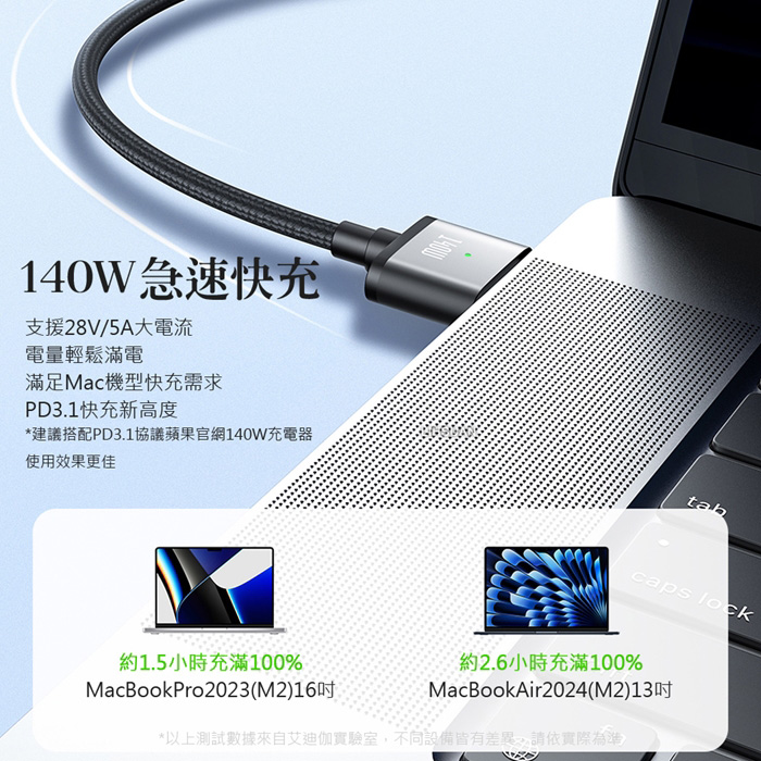 AIDOGA艾迪伽LQ DC4231風暴系列Type-C to MagSafe 3 PD3.1 磁吸充電線快充線 140W 2M
